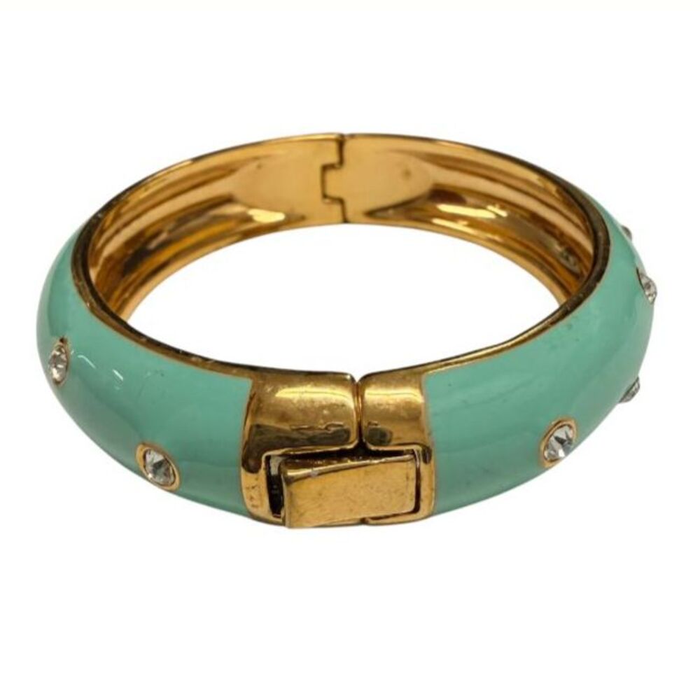 J.Crew Mint Green Enamel Crystal Gold Tone Hinged Lock Bangle Bracelet Jewelry